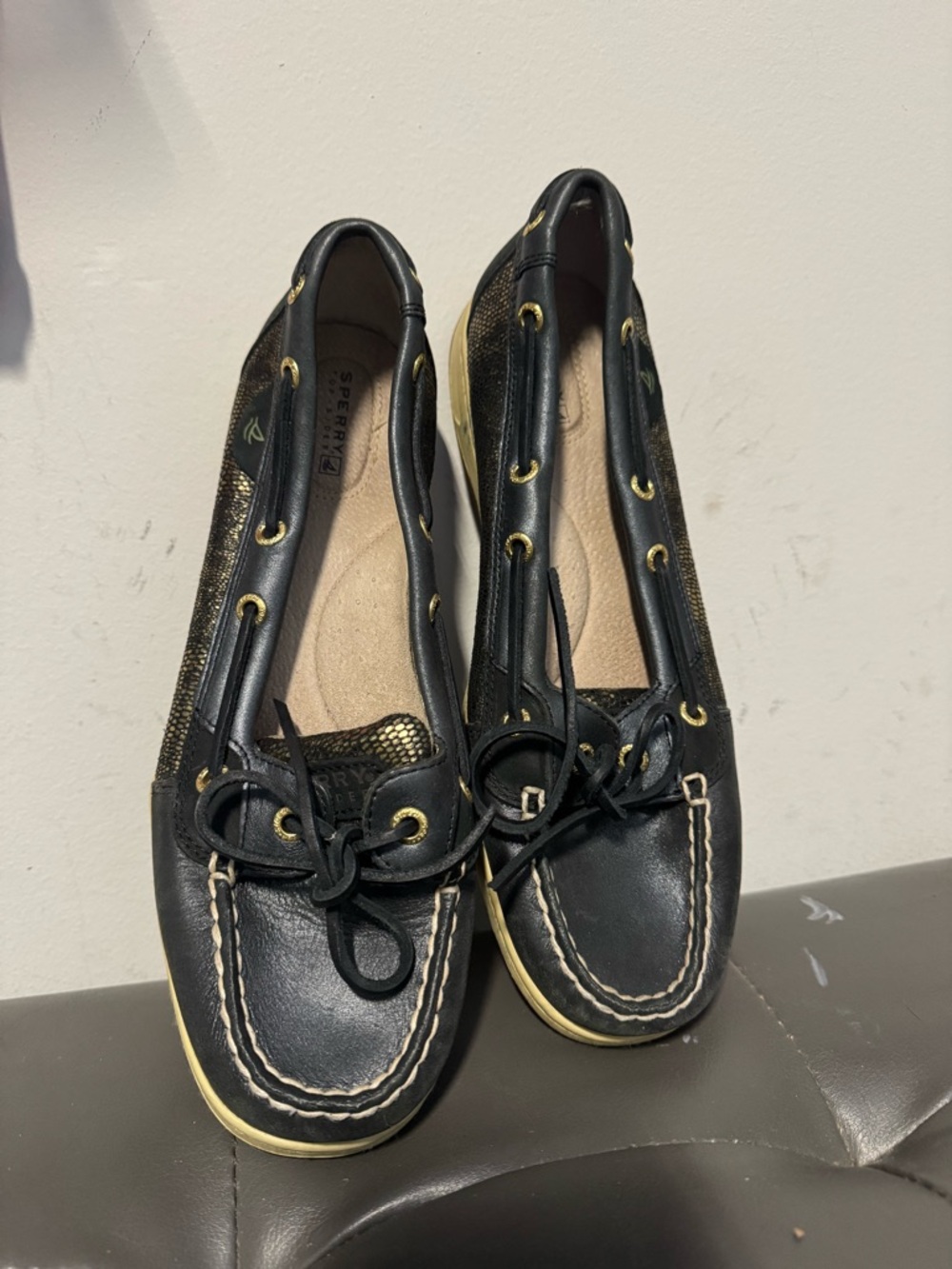 Sperry Black Slip-On Boat Moccasins with Gold Accents